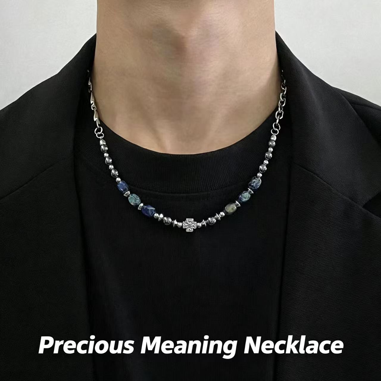 Vintage Natural Blue Stone Bead Necklace—Unisex, Metal Chain, Niche, High-End, Versatile Collarbone Accessory