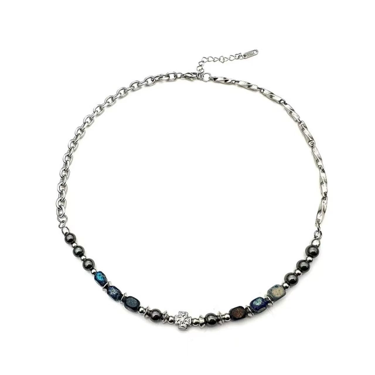 Vintage Natural Blue Stone Bead Necklace—Unisex, Metal Chain, Niche, High-End, Versatile Collarbone Accessory