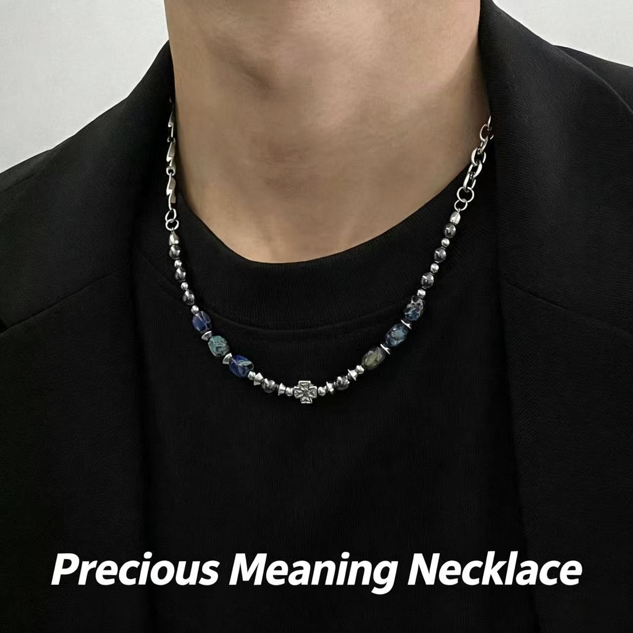 Vintage Natural Blue Stone Bead Necklace—Unisex, Metal Chain, Niche, High-End, Versatile Collarbone Accessory