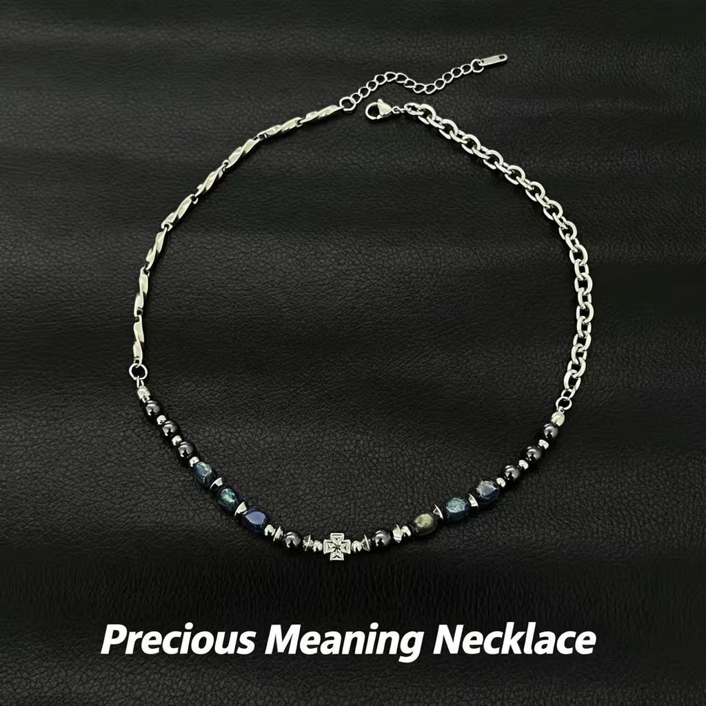 Vintage Natural Blue Stone Bead Necklace—Unisex, Metal Chain, Niche, High-End, Versatile Collarbone Accessory