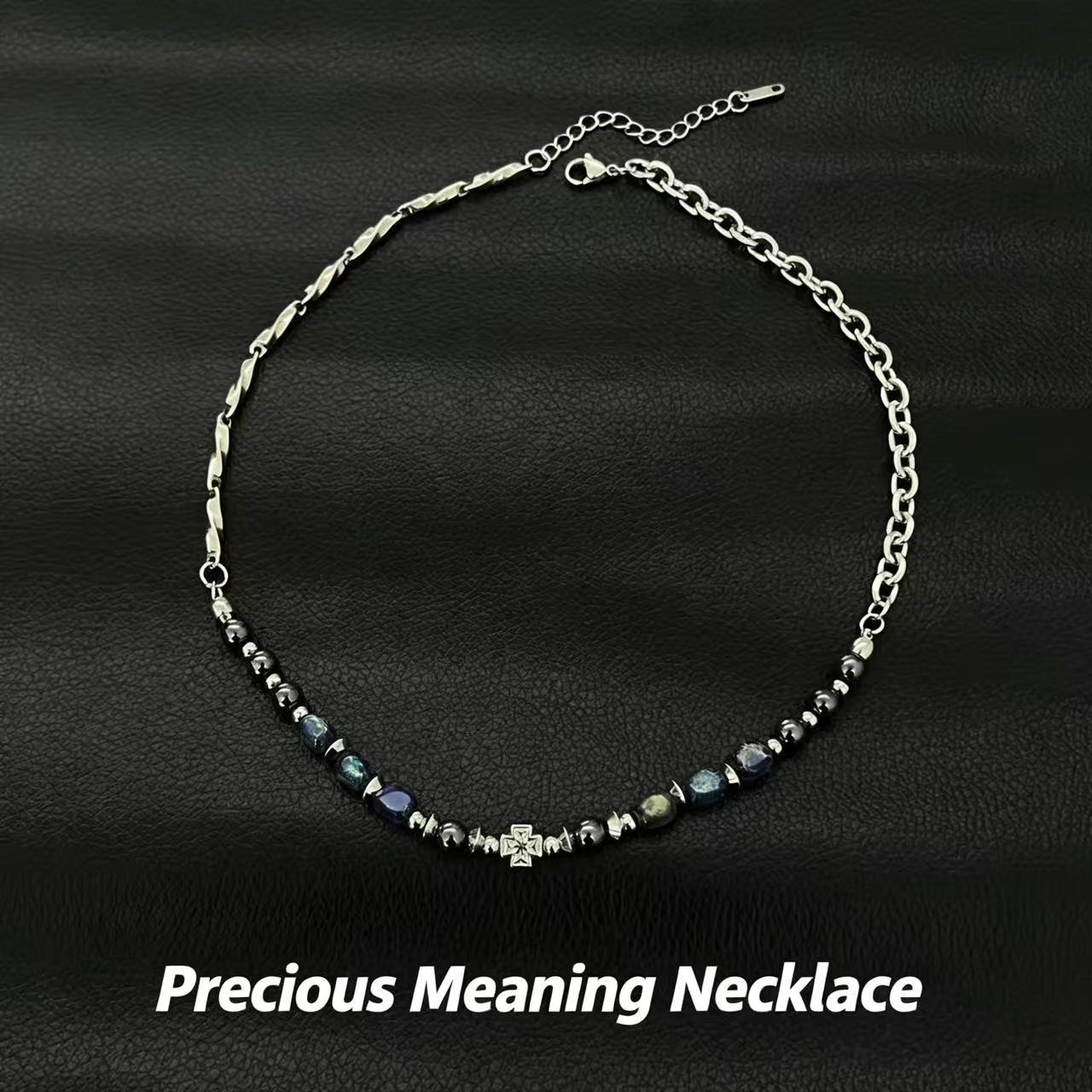 Vintage Natural Blue Stone Bead Necklace—Unisex, Metal Chain, Niche, High-End, Versatile Collarbone Accessory