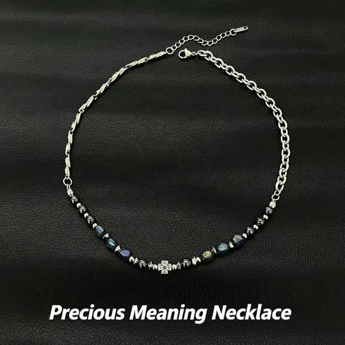 Vintage Natural Blue Stone Bead Necklace—Unisex, Metal Chain, Niche, High-End, Versatile Collarbone Accessory