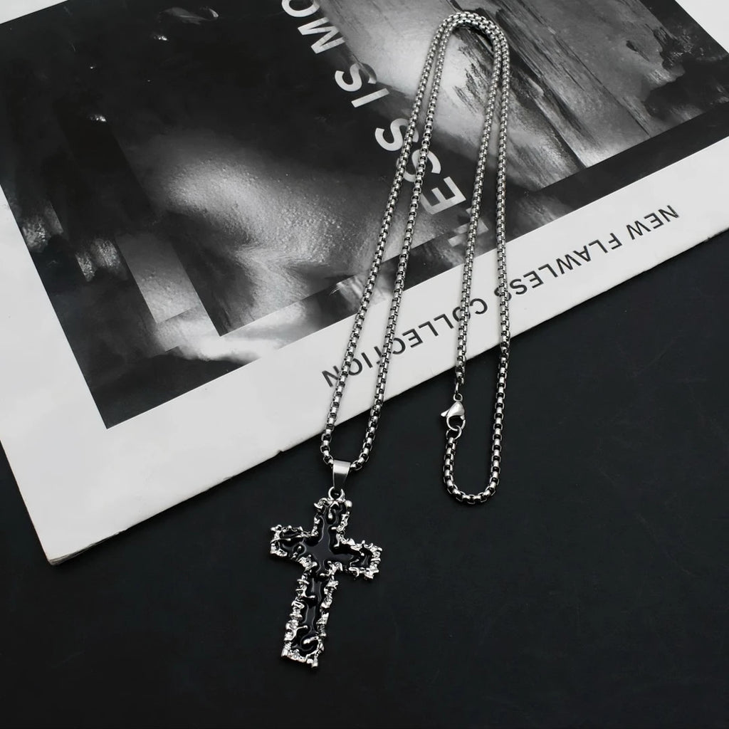Titanium Steel Necklace: Niche Thorn Cross Necklace for Men—Black, High-End Cuban Chain, Streetwear Hip-Hop Necklace for Men