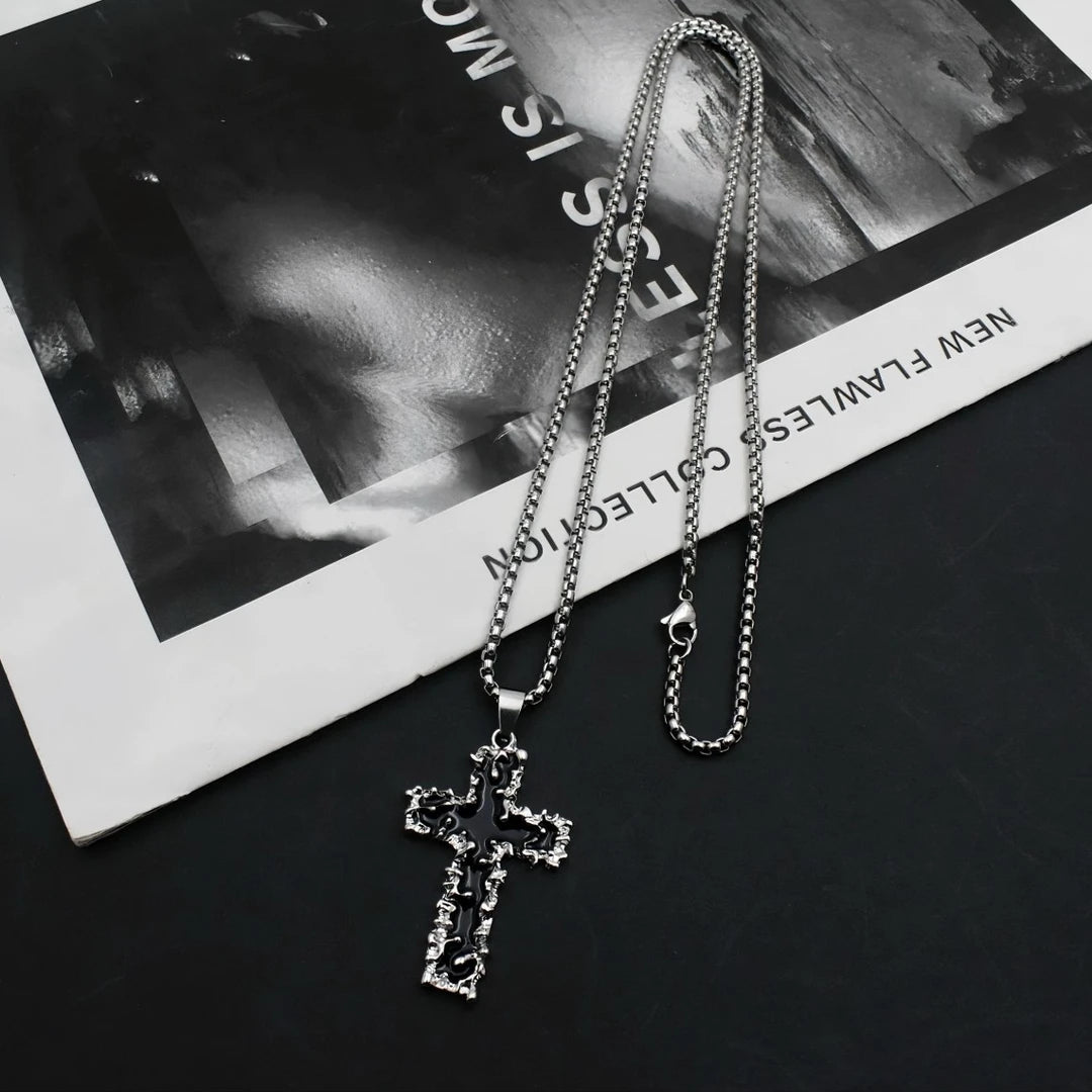 Titanium Steel Necklace: Niche Thorn Cross Necklace for Men—Black, High-End Cuban Chain, Streetwear Hip-Hop Necklace for Men