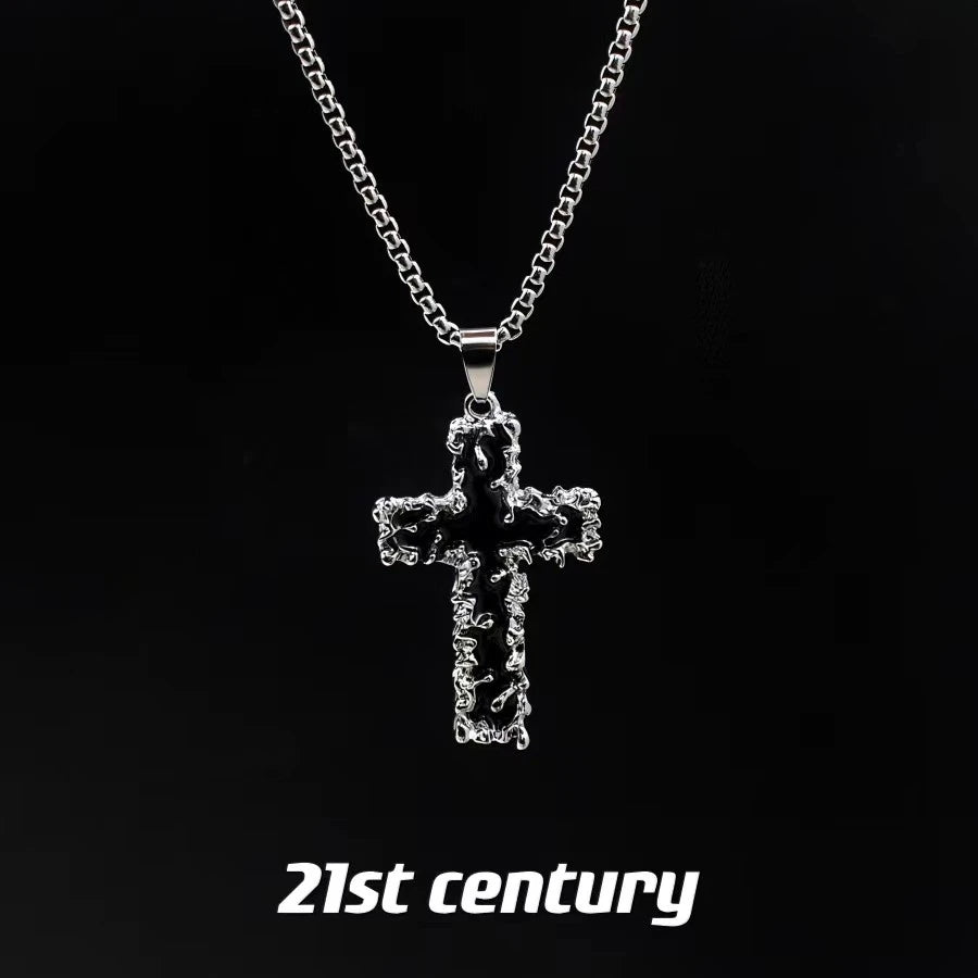 Titanium Steel Necklace: Niche Thorn Cross Necklace for Men—Black, High-End Cuban Chain, Streetwear Hip-Hop Necklace for Men