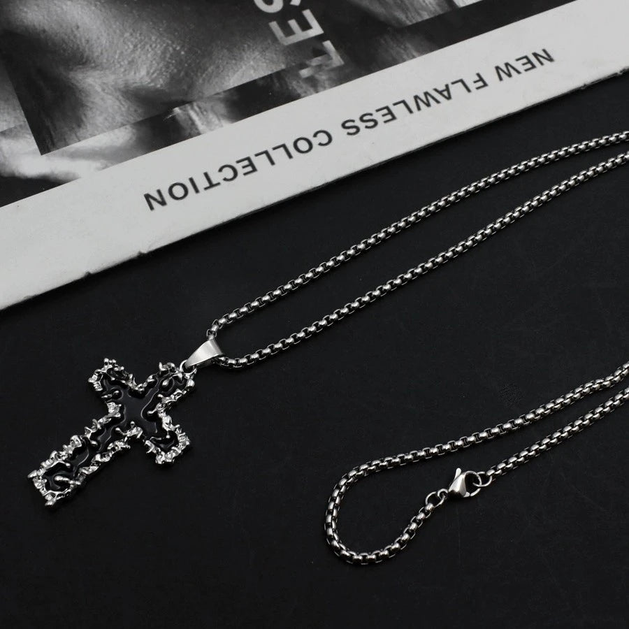 Titanium Steel Necklace: Niche Thorn Cross Necklace for Men—Black, High-End Cuban Chain, Streetwear Hip-Hop Necklace for Men