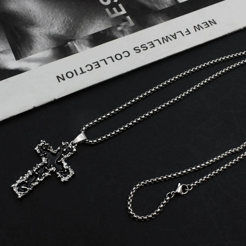 Titanium Steel Necklace: Niche Thorn Cross Necklace for Men—Black, High-End Cuban Chain, Streetwear Hip-Hop Necklace for Men