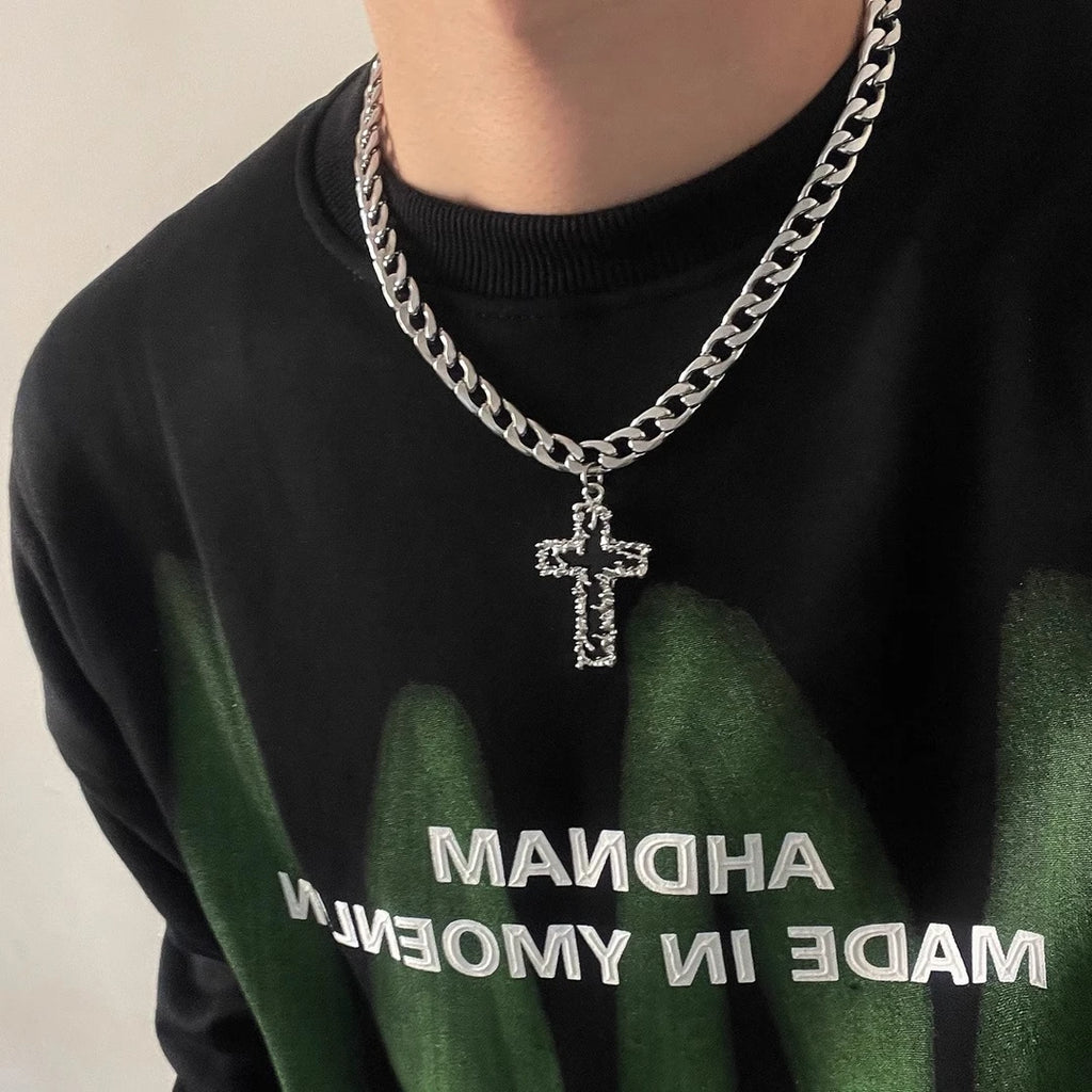 Titanium Steel Necklace: Niche Thorn Cross Necklace for Men—Black, High-End Cuban Chain, Streetwear Hip-Hop Necklace for Men